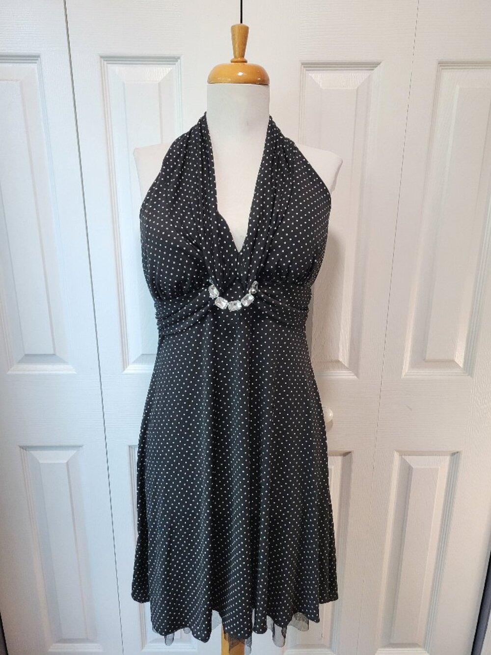 Vintage MY MICHELLE Black White Rhinestone Polka Dot Halter Dress sz M EUC Pinup